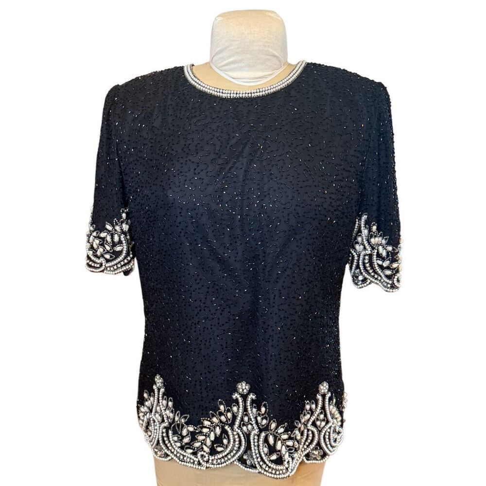 Laurence Kazar Beaded Top Short Sleeve Pearls Sz. M Party Wedding Formal